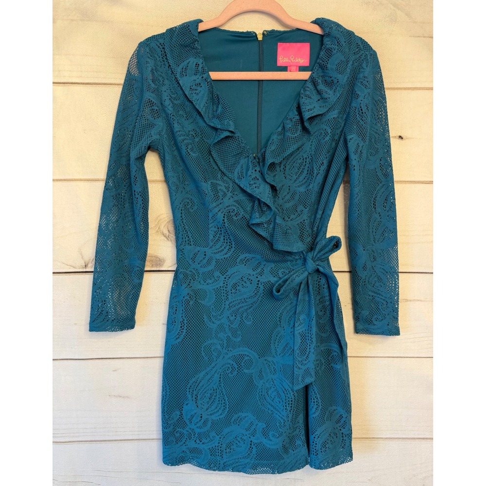 Lilly Pulitzer Teal Blue Paisley Lace Ruffle Wrap Romper XS Long Sleeve Skort